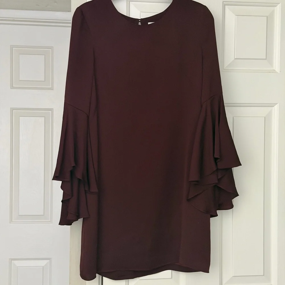 MILLY Silk Dress Ruffle Bell Sleeve Shift Dress Size 4 Plum Purple Mini Cocktail - Picture 6 of 10